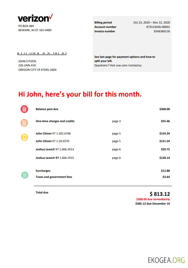 USA Verizon telecommunications utility bill template in Word and PDF format